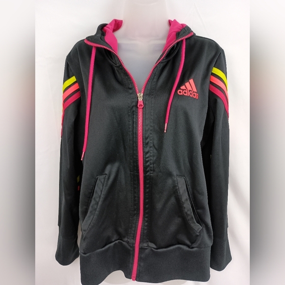 Adidas Athletic Black Zip-Up Hoodie Hot Pink and Yellow Stripes (#1,303)(C) - Picture 1 of 7